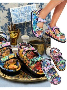 🆕 KURT GEIGER LONDON 🧿 NWOB Orson Black Floral Dad Sandal, Sz 37 US 7